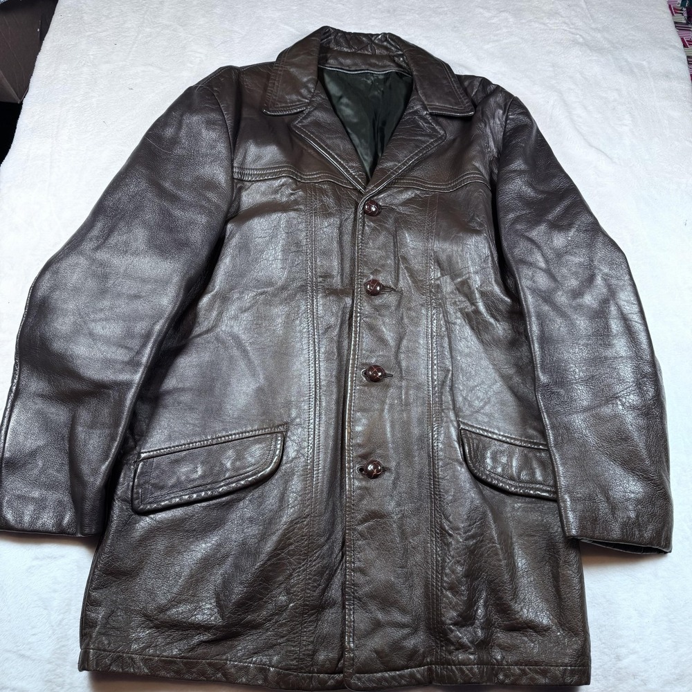 Leather Car Coat Mens Large Brown Button Front‎ Lined Flap Pockets Notch Lapel